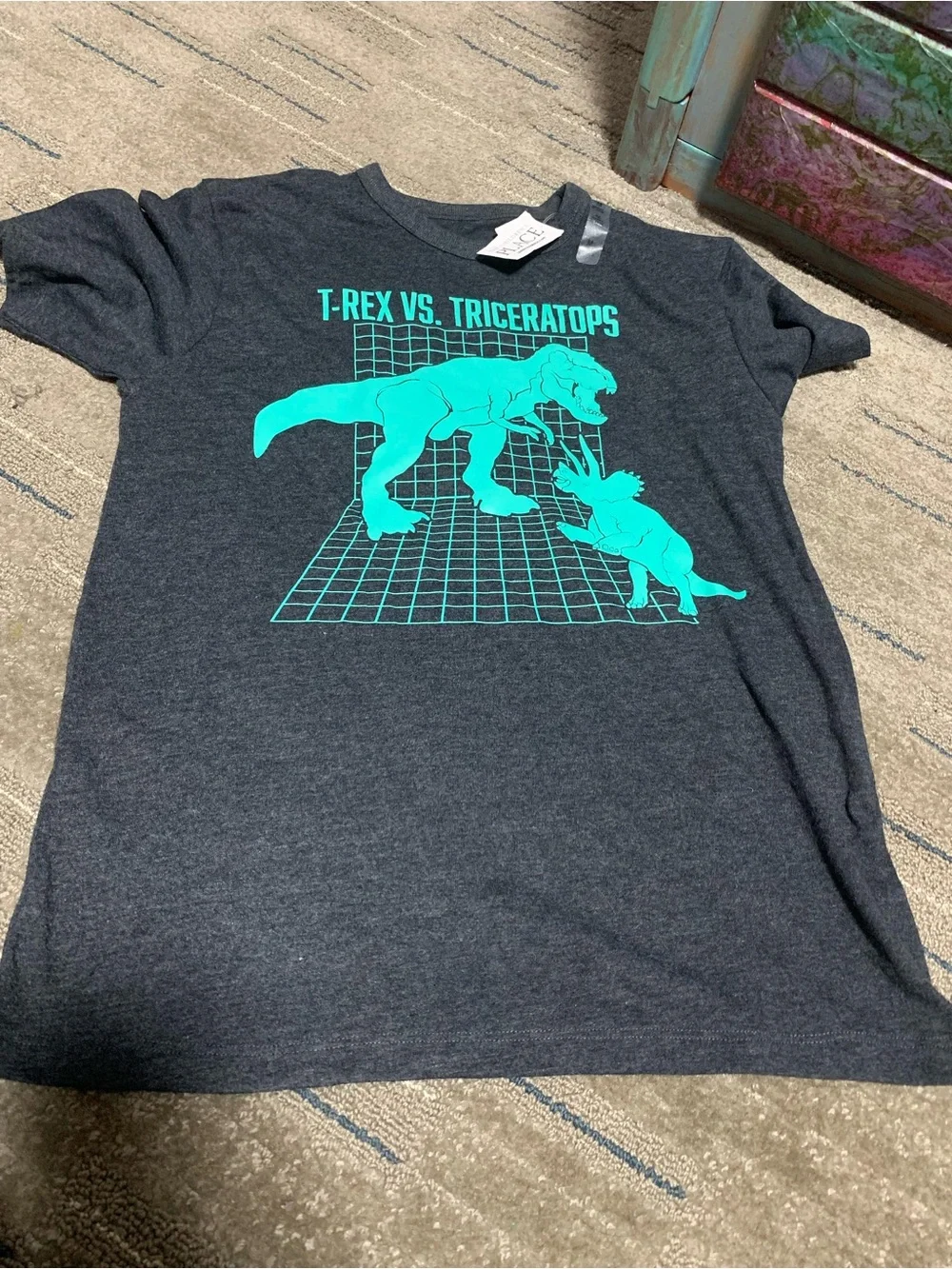 The Children's Place Charcoal Tee with Bright Teal Dinosaur Graphic